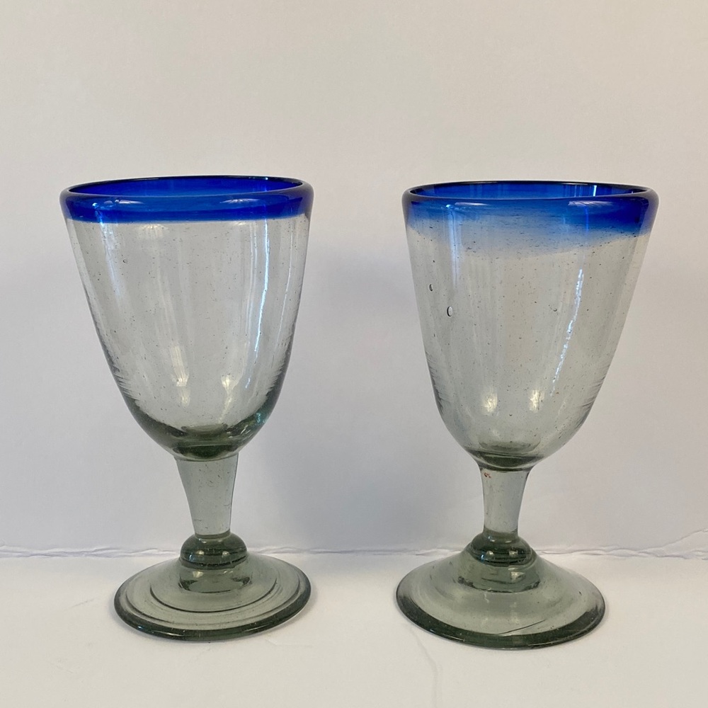 Handblown Stylish Blue-Rimmed Glass Goblets
